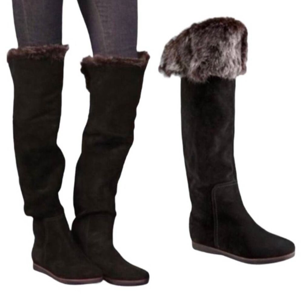 Sam Edelman Orlando Black suede leather over the knee faux fur cuffed boots 8.5
